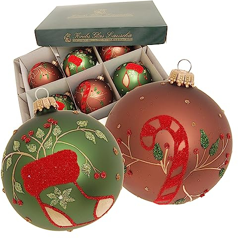 Krebs Glas Lauscha - Weihnachtsdekoration/Christbaumschmuck aus Glas - Weihnachtskugeln - Motiv: Moosgrün/Braun mit Zuckerstangen und Strümpfe - Größe: 6 mal 8cm
