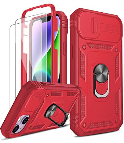 LeYi for iPhone 14 6.1'' Case with Camera Cover Slider, 360° Full Body Armour Military Protective Shockproof Phone Cover | 2 Pack Tempered Glass Screen Protector | Ring Stand Holder | Red
