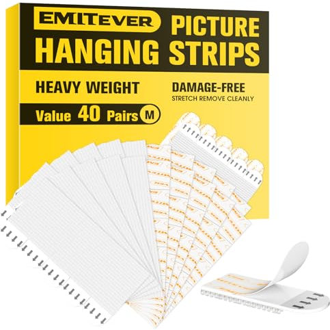 Emitever Picture Hanging Strips 40 Pairs (80 Strips), Double Side Hook Loop Mounting Tapes Adhesive Strips, Damage Free Hanging - for Pictures, Frames, Mirrors, Wall Decor and Signs(Medium)