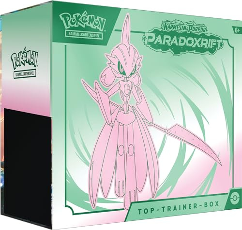 Pokémon-Sammelkartenspiel: Top-Trainer-Box Karmesin & Purpur – Paradoxrift: Eisenkrieger (9 Boosterpacks, 1 holografische Vollbild-Promokarte & Premium-Zubehör)