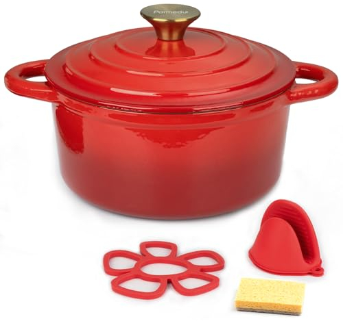 Parmedu Cast Iron Dutch Oven with Lid: 5.5 L Enameled Cast Iron Dutch Oven, Sturdy Cookware for All Cooktops, Braising, Stews, Roasting, Bread Baking, Red