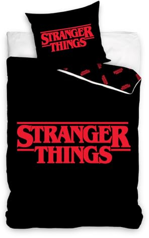 Carbotex Stranger Things Logo Einzelbettbezug Set mit Kissenbezug in europäischer Größe Bettwäsche aus 100% Baumwolle, wendbare Bettwäsche für Kinder und Teenager, Schwarz