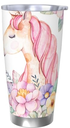 VducK Bicchiere da 590 ml con coperchio, tazza termica da viaggio riutilizzabile in acciaio inox con stampa floreale e unicorno, tazza termica da viaggio isolata per caldo e freddo