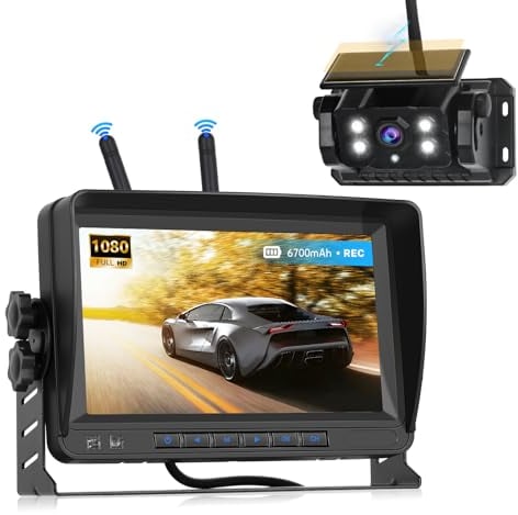 Podofo Magnetische Solar Drahtlose Rückfahrkamera HD 1080P mit 7-Zoll-IPS-Monitor DVR-Unterstützung 2 Kanäle Guide Line, Solaraufladung, 3 Minuten Installation für Trailer RV Camper LKW Auto