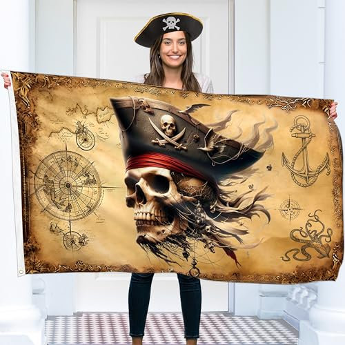 Bandiera pirata – Jolly Roger Flag with Pirate Map – Stampa double side – Poliestere 110den – Double Seam – 2 eyelets in ottone grande 5ft x 3ft