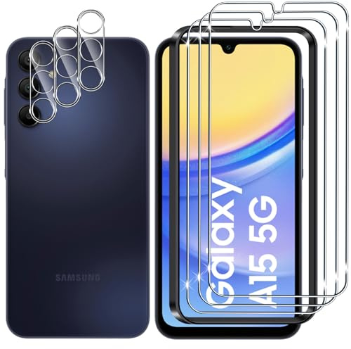 Lutree para Samsung Galaxy A15 4G&5G Cristal Templado, 3+3 Piezas Protector de Pantalla+Protector de Lente de Cámara, 9H HD Anti-Arañazos Sin Burbujas Vidrio Templado Película Protectora