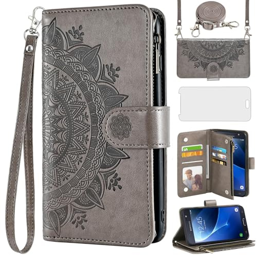 Asuwish Handyhülle für Samsung Galaxy J5 2016 Hülle mit Band und Folie Schutzfolie Kartenfach Klappbar Leder Blumen Geldbörse Ständer J5 Duos 6 Reißverschluss Hüllen Schutzhülle Phone Case Grau
