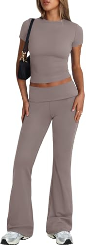 Trendy Queen Lounge-Sets für Damen, 2-teilig, lässig, Y2K, kurzärmelig, bauchfreies Oberteil, umklappbare Schlaghose, Trainingsanzüge, Kaffeegrau, M