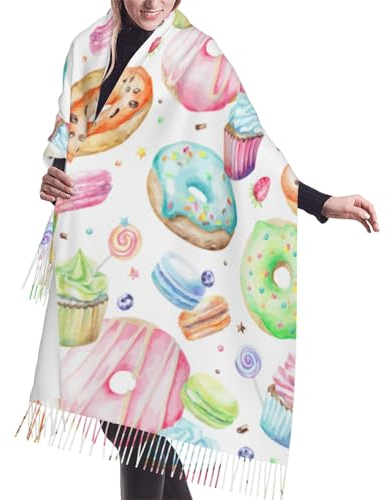 forurdeals Schal mit Corgi-Muster, Kaschmir, Fransen, für Frühling, Herbst, Winter, modischer Schal für Damen, Cupcakes Donuts Muff, One size