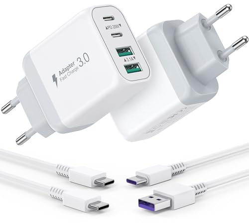Ladegerät USB C, 4 Ports Mehrfach Ladegerät mit USB-C und USB-A Ladekabel, 40W Schnellladegerät PD 3.0 Power Adapter für iPhone 16 15 14 Pro Max 13 12 11 SE 2020 XS XR 8, Samsung, Netzteil USB C Handy