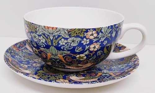 Rainbow Decors William Morris Strawberry Thief Blue Cup Saucer Bone China 300 ml Cappuccino Arts Crafts Art Nouveau Set Hand Decorated UK
