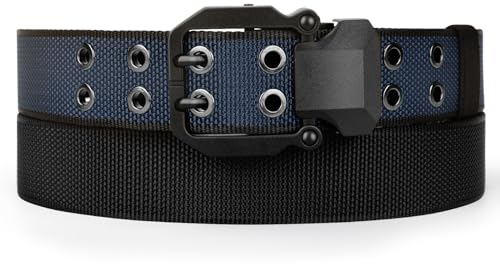 PlusZis Herrengürtel mit Doppelzinken, wendbar, taktischer Stil, 3,8 cm breit, für Herren, 2 Farben in 1, Gürtel für Wanderausrüstung, Schwarz + Blau01, Waist:28-36,Trim to Perfect Fit