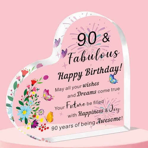 QMVMV 90th Birthday Gifts for Women, Happy 90 and Fabulous Birthday Ideas Heart Acrylic Plaque for Female Friends, Birthday 90 Years Old Presents Ornaments for Her