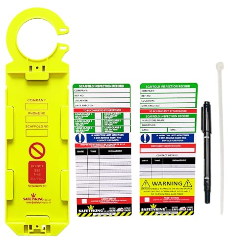 SAFETYKING® | Etiqueta de inspección de andamios 1 soportes - 2 insertos | Kit de etiquetas de equipo de andamio | Etiqueta de acceso robusta | Etiqueta de inspección de equipos de andamio | Registro
