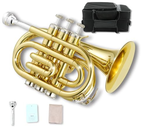 YoungMonic Bb Standard Pocket Trompeten für lackierte Kupfertrompete mit 7 C Mundstück, Hartschalenkoffer Taschentrompete Messing Trompete im Taschenformat