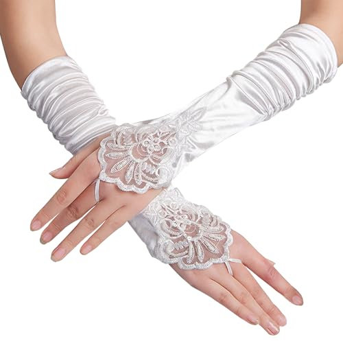 Cleminsta Lange Damen Satinhandschuhe - 1 Paar Handschuhe Satin, Abendkleid Damen Elegante Klassische Abendhandschuhe im 1920er Stil für Oper, Halloween, Karneval und Hochzeiten (Weiße, 36cm)
