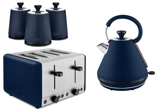 Tower Sera 1.7L 3KW Pyramid Kettle, 4 Slice Toaster & Tea, Coffee, Sugar Canisters in Midnight Blue with Smoked Black Trim. Contemporary Matching Tower Kitchen Set of 5 in Midnight Blue
