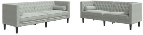 vidaXL Chesterfield Sofa Set mit Nackenrollen 2-TLG., Sofagarnitur mit Kissen, Sitzgruppe für Wohnzimmer, Polstersofa Couch Sessel, Hellgrau Samt