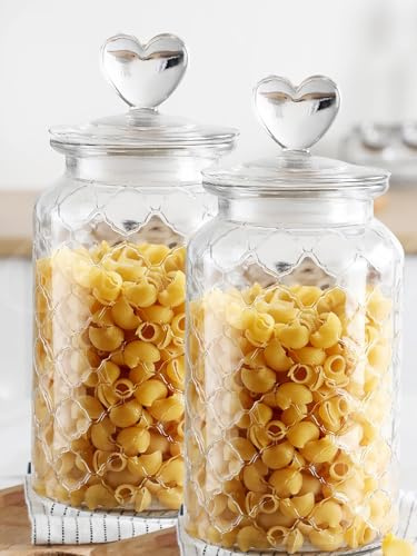 Glazeal 2pcs Glass Candy Jars 45 oz with Airtight Lid, 1350ml Decorative Heart Glass Jar Vintage Glass Jars for Food Storage Canister Containers