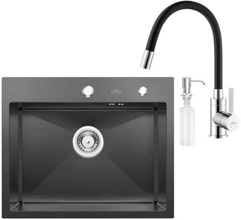 Spülbecken mit Armatur 55 x 45 cm, Auralum Einbauspile Edelstahl Schwarz Anthrazit + Flexibler Wasserhahn Küche Schwarz, Küchenspüle inkl. Seifenspender und Siphon, Spüle mit Armatur Set