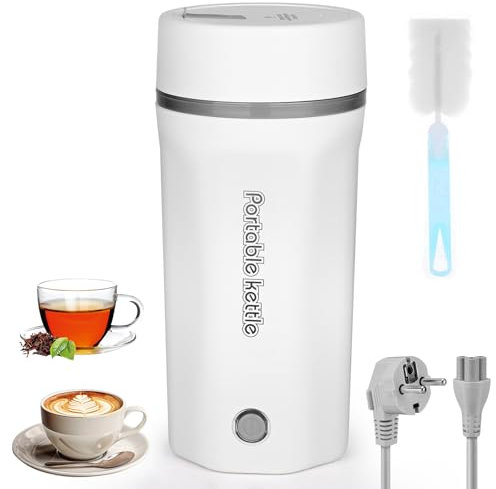 Reise Wasserkocher Klein Elektrische Wassertasse 500ML Tragbarer Mini-Heizbecher 304 Edelstahl Liner 220V 300W Schnellkoch Teekanne Heizbecher mit Automatischer Abschaltung (Weiß)