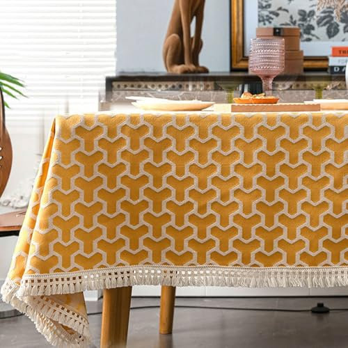 Calefee 140x180cm Tischdecke Rechteckig, Tischdecke für Esstisch Polyester mit Geometrischem Muster Und Quasten Tischdeko Fleckschutz Abwaschbar