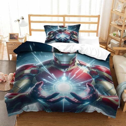 EVMILA Iron Man Für Kinder Mädchen Jungen Bettwäschegarnitur 3D Gedruckter Superhero Bettbezug Set Weich Microfaser Und Kissenbezüge Reissverschluss Bettwäsche 2 Teilig Single（135x200cm）