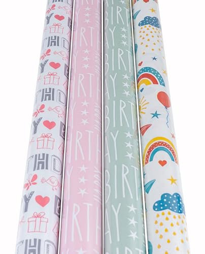 4er Set Geschenkpapier Set 70x200cm Geburtstag Bunt Pink Grün Happy Birthday 4 Rollen Verpackung Geschenk-Papier