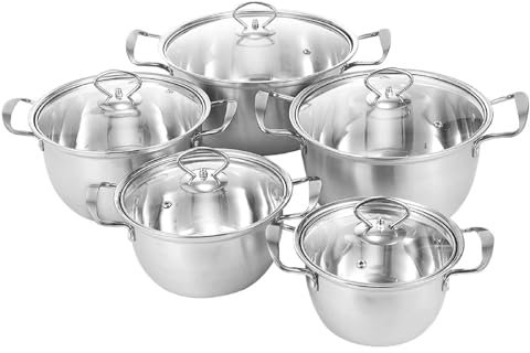 5pcs Cooking Pot Set Stainless Steel Pots & Saucepan Set with Glass Lids Double Ear Soup Pot for Most Hob Types