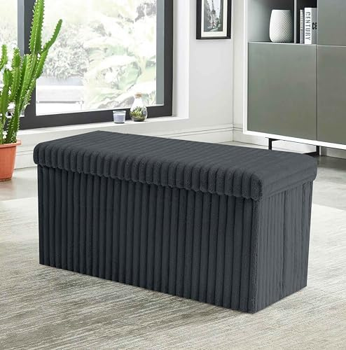 Artistic Fashionista Limited Ottoman Ribbed Storage Box Folding Footstool Rest Seat Storage Stool Toys Chest Bench Blanket Linen Laundry Box (Charcoal, 76x35cm)