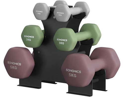 SONGMICS Kurzhantel Set, Hexagon, mit Hantelständer, 2 x 1 kg, 2 x 3 kg, 2 x 5 kg, mattes Finish, Neopren-Beschichtung, Krafttraining, zu Hause