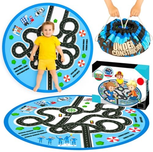 Toyana 2-in-1 Play Mat & Drawstring Tidy Bag, 150 cm Large Blue City Road Rug & Car Map, Toy Storage Bag for Indoor Outdoor Activity Picnic Playmat for Kids & Toddlers
