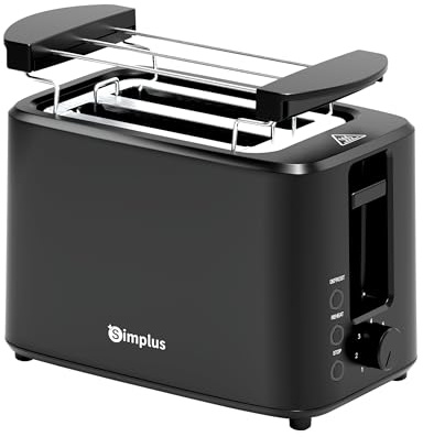 SIMPLUS Toaster 2 Scheiben, 7 Bräunungsstufen, extra breite Toastschlitze, Auftau- & Aufwärmfunktion, Brötchenaufsatz, Krümelschublade, 700W, Schwarz