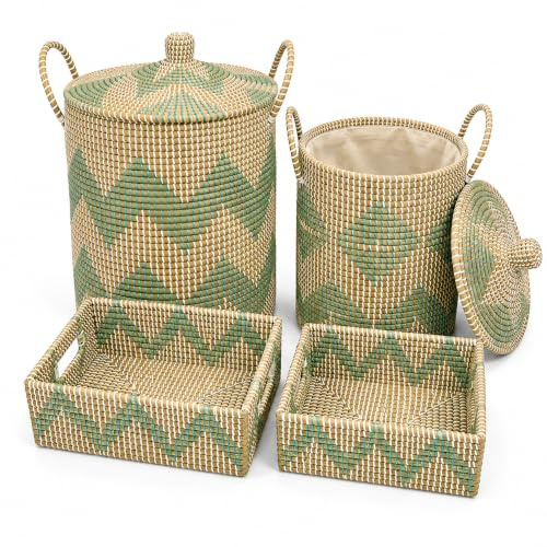 4er Set Aufbewahrungskorb Seegraskorb mit Griffen, Wäschekorb Geflochtener Korb, Handgeflochtener Spielzeugkorb aus Vietnam, 53L/34.5L/5L/3.2L für Wohnzimmer Schlafzimmer Küche Bad Kinderzimmer
