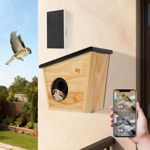 Smart Vogelhaus mit KI-Vogelerkennung, Solar Betrieben, IP65 wasserdicht, HD Kamera mit Nachtsicht, 30x15x25cm, Vogelfutterhaus für Garten und Balkon