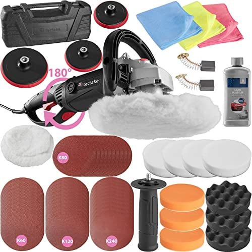 tectake® Poliermaschine, Exzenter Poliermaschine Auto, Polierset, Kratzer Entferner Auto für Autopolitur, Flugrostentferner Auto, Glaspolitur Autoscheibe, Scheinwerfer Polierset, mit Polierpad - 60tlg