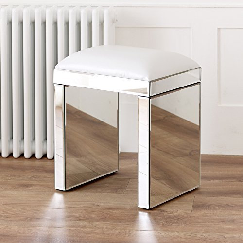 The Furniture Market | Venetian Mirrored Dressing Table Stool With White Seat Pad | Upholstered Seat | Bevelled Glass | Compact & Strong | Minor Assembly | H 495mm x W 410mm x D 330mm