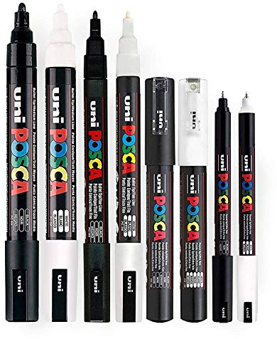 POSCA Stifteset, schwarz und weiß, dünne bis mitteldicke Spitze, 8 Stifte (PC-5M, PC-3M, PC-1M, PC-1MR)