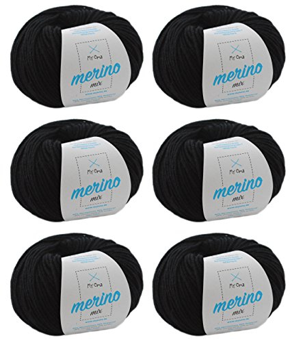 Wolle stricken - Merino Wolle schwarz (Fb 200) - schwarze Merinowolle zum Häkeln - 6 Knäuel schwarzes Merinogarn + GRATIS MyOma Label - 50g/120m - MyOma Wolle - weiche Wolle - Mischgarn
