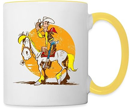 Spreadshirt Lucky Luke Jolly Jumper im Sonnenuntergang Tasse, One size, Weiß/Gelb, 325 ml
