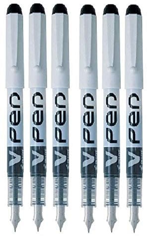 2X Black V Pen Fountain Pen Disposable Medium Line Liquid Ink (Pack of 6)