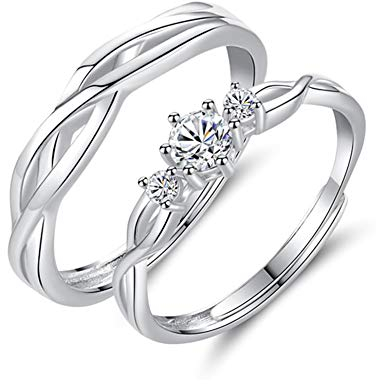 Zolkamery Paar Ringe für Damen & Herren 925 Sterling Silber Offen Einstellbar Partnerringe Verlobungsringe Hochzeitsringe mit Weiß Zirkonia Verstellbar Unisex Bandringe Liebe Geschenk