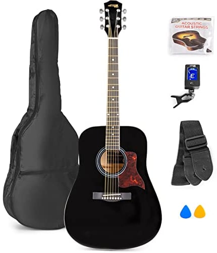 MAX SoloJam Westerngitarre, Akustik Gitarre Set, Acoustic Guitar, Akustikgitarre 4/4 mit Tasche, Plektrum, Stimmgerät, Schultergurt und Stahlsaiten, Anfängergitarre in Schwarz