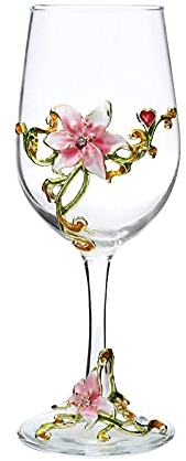 XUDREZ Bicchieri da vino smaltati senza piombo, con fiore smaltato, 320 ml, bicchieri da vino in cristallo rosso/bianco (tazza rosa giglio)