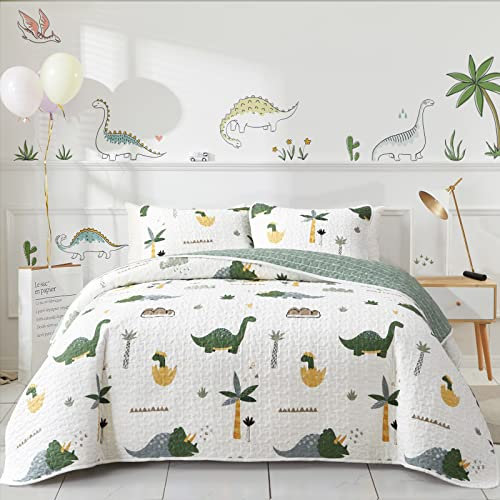 Joyreap 3-teiliges Baumwoll-Bettwäsche-Set für Doppelbett/Queen-Size-Bett, Dinosaurier-Thema, grünes Design für Kinder, Jungen und Mädchen, glatte, weiche Steppdecke, Tagesdecke für alle Jahreszeiten,