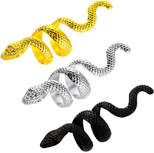 Ouceanwin 3 Stücke Punk Schlange Ring Silber Schwarz, Vintage Ringe Öffnen Schlangenring Gold Verstellbar Edelstahl Ring Gothic Snake Fingerring Schmuck für Männer Frauen Unisex