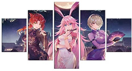 Kunstdrucke Modular Wandkunst Modern Wanddekoration Wandbilder Wohnzimmer Leinwandbild 5 Teiliges Poster Set XXL Bilder Kreatives Geschenk Mit Rahmen 150 * 80cm Anime Sexy Cheongsam-Mädchen-Plakat