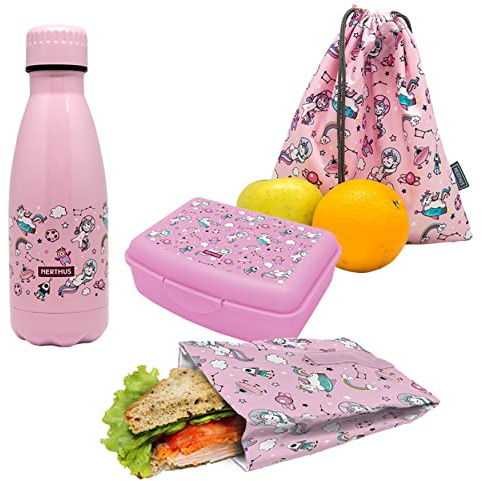 Nerthus FIH 1027 set botella acero inoxidable doble pared lunchbox bolsa sandwich y mochila infantil unicornios ideal para el cole
