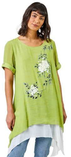 Roman Originals Asymmetric Tunic Top for Women UK - Ladies Tee Shirt T-Shirt Spring Summer Casual Longline Hanky Hem Short Sleeve Round Neck Lightweight Holiday Work T-Shirts - Lime - Size 10