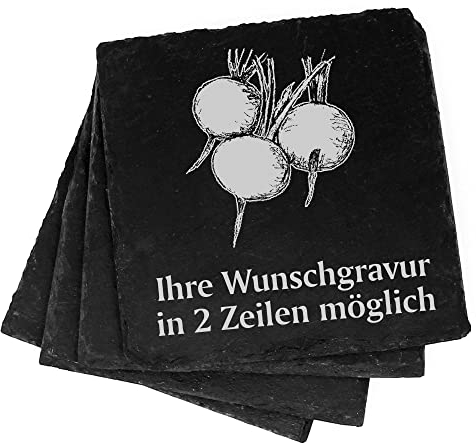 4X Radieschen Deko Schiefer Untersetzer Wunschgravur Set - 11 x 11 cm Flaschenuntersetzer Glasuntersetzer Tassenuntersetzer